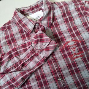 Vtg Guess Jeans Men's M Medium Long Sleeve Pearl Snap Red Plaid Western Shirt‎